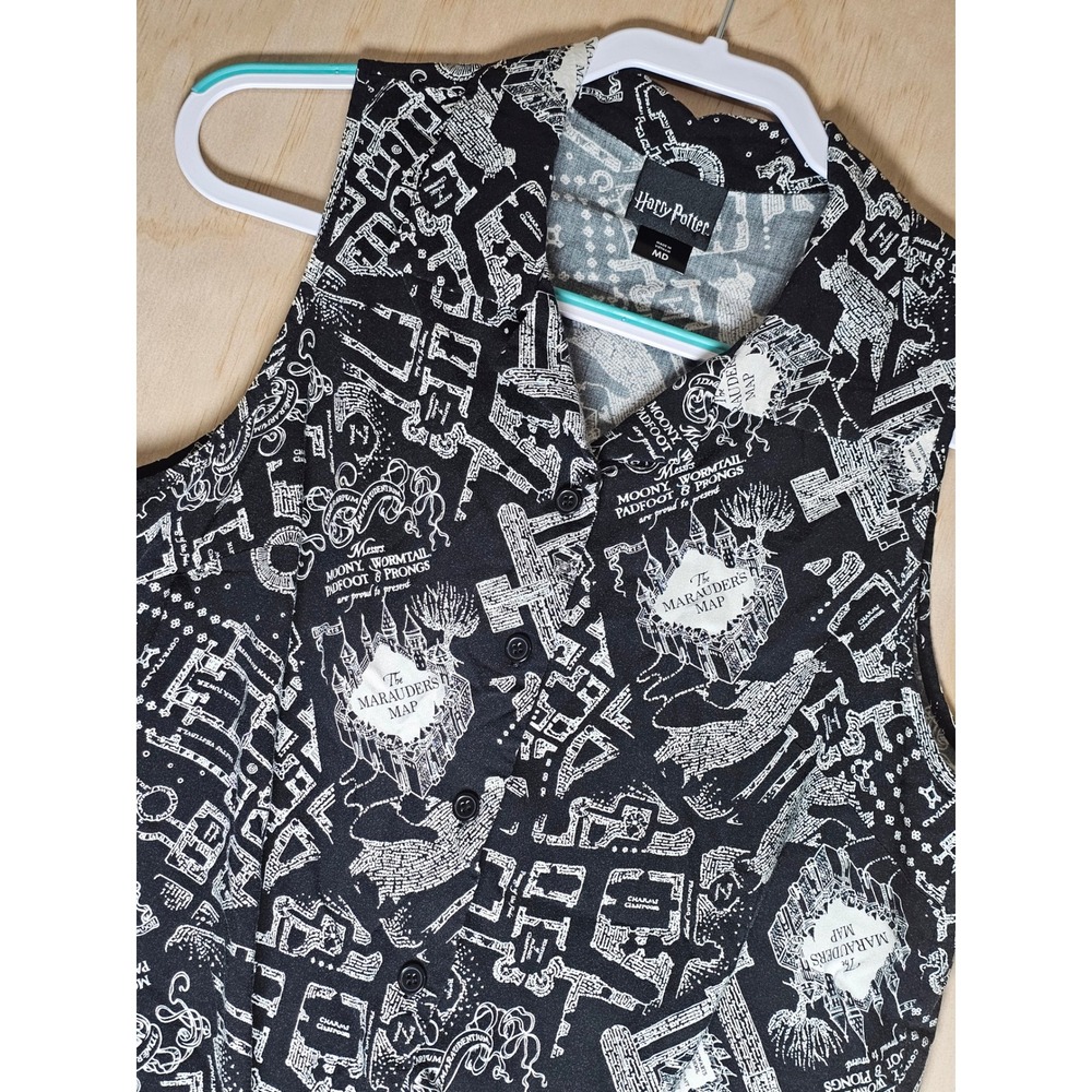 Harry Potter Marauders Map Tie Front Sleeveless Button Up Rayon Shirt Black MD